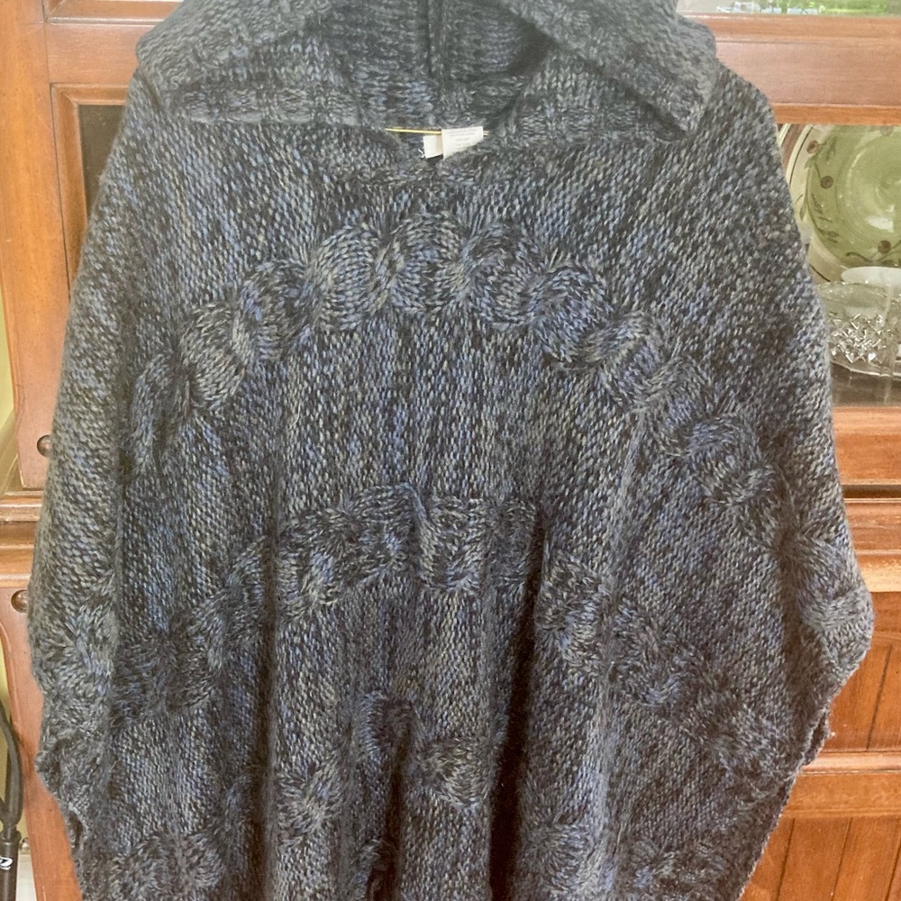 Garage Dark Grey/Blue  Cable Knit Hooded Fringed Poncho